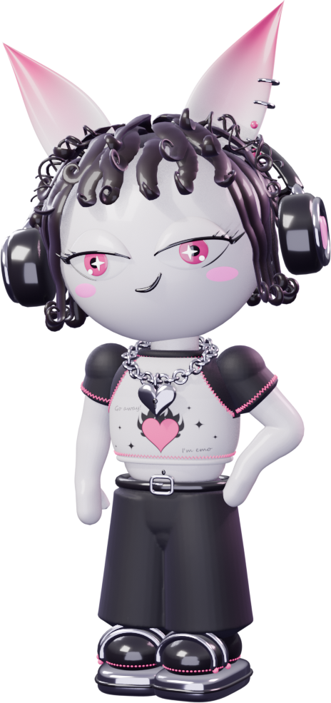 A personagem do technogender: uma criatura de vinil branco com orelhas enormes e pontudas de pontas magenta, cabelo de cachos escuros, fone de ouvido, colar de coração e cropped branco com um coração estampado.